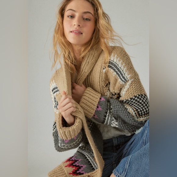 Lucky Brand Tribal Aztec Print Cardigan Chunky Sweater Wool Blend Women’s Large - Picture 2 of 6
